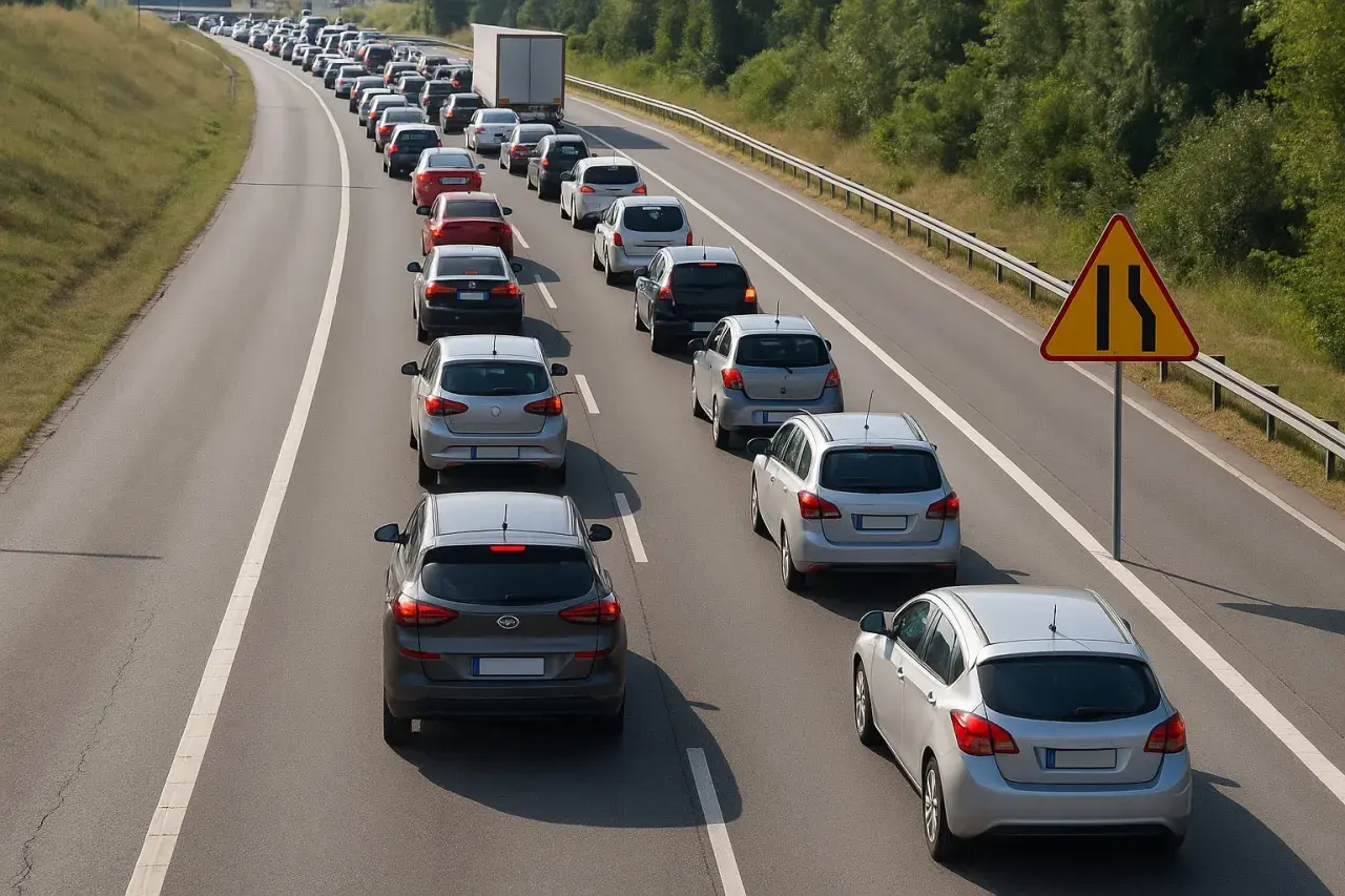Korki na autostradzie, gdzie obowiązuje jazda na suwak. Samochody stoją w długiej kolejce, a obok stoi znak zwężenia drogi.