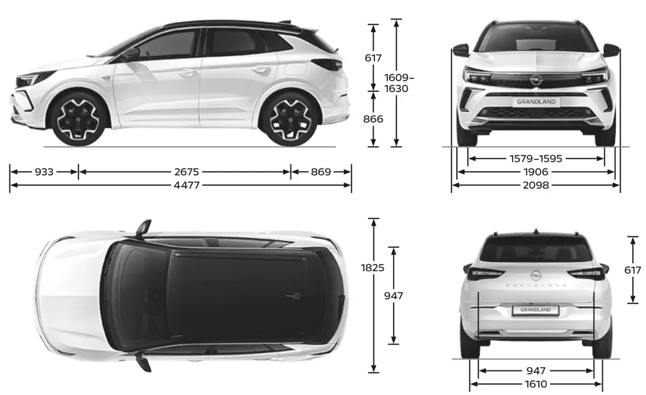 Opel Grandland wymiary: długość 4477 mm, szerokość 1906 mm, wysokość 1609-1630 mm. Widok z boku, przodu, tyłu i z góry.