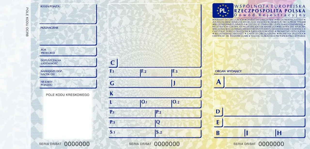 Dowód rejestracyjny z oznaczeniami pojazdu, datą produkcji i dopuszczalną ładownością. Widoczne pola na dane pojazdu i organ wydający.