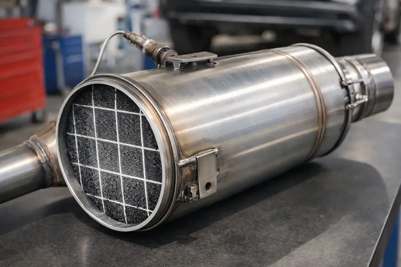 Metalowy element układu wydechowego, filtr GPF z widocznym w środku wkładem ceramicznym o strukturze plastra miodu.