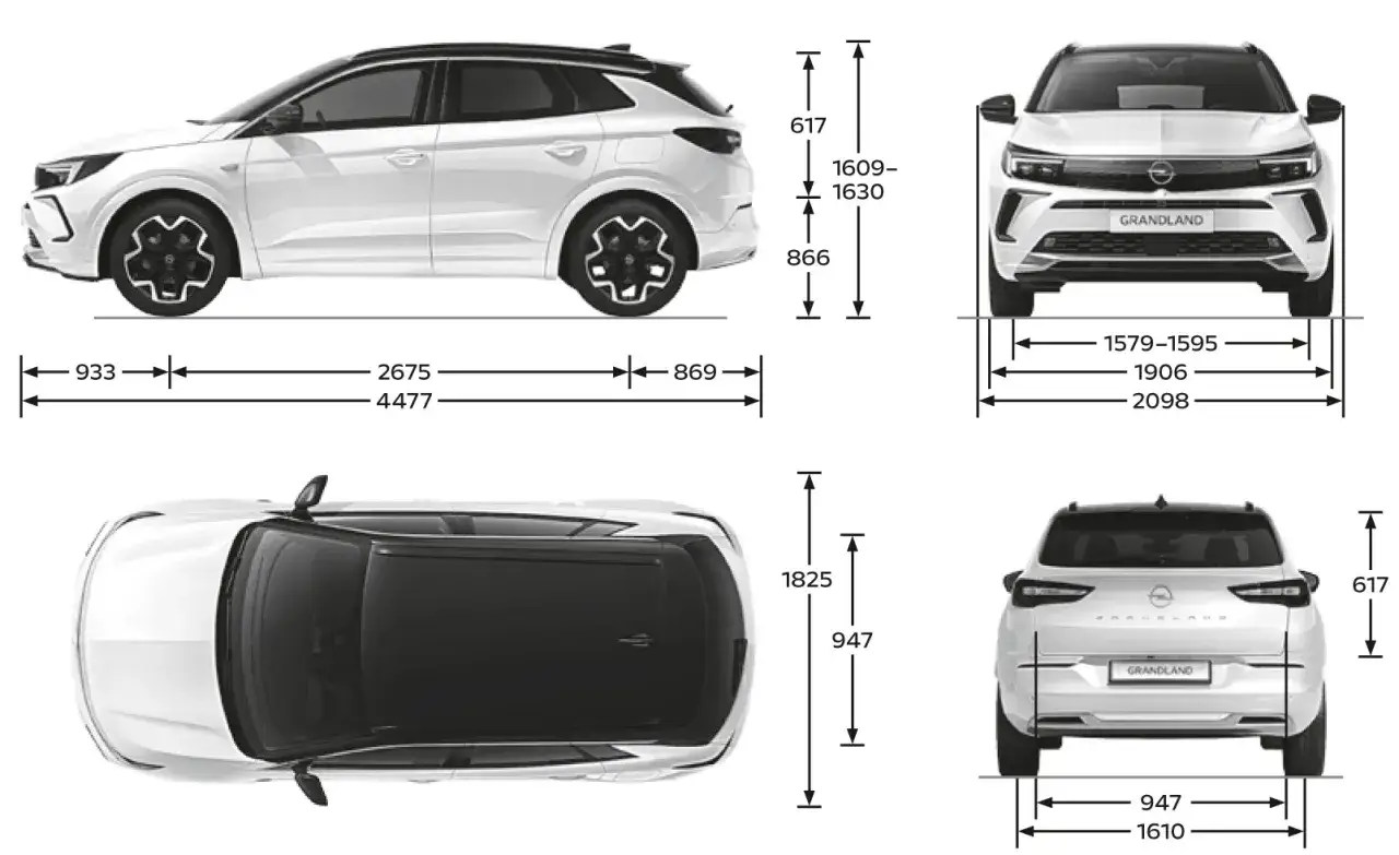 Opel Grandland wymiary: długość 4477 mm, szerokość 1906 mm, wysokość 1609-1630 mm. Widok z boku, przodu, tyłu i z góry.