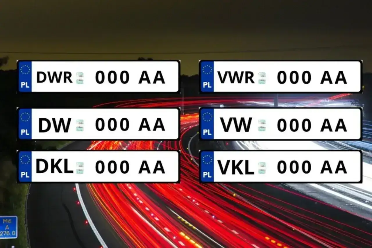 Przykładowe tablice rejestracyjne: DWR 000 AA, DW 000 AA, DKL 000 AA, VWR 000 AA, VW 000 AA, VKL 000 AA.