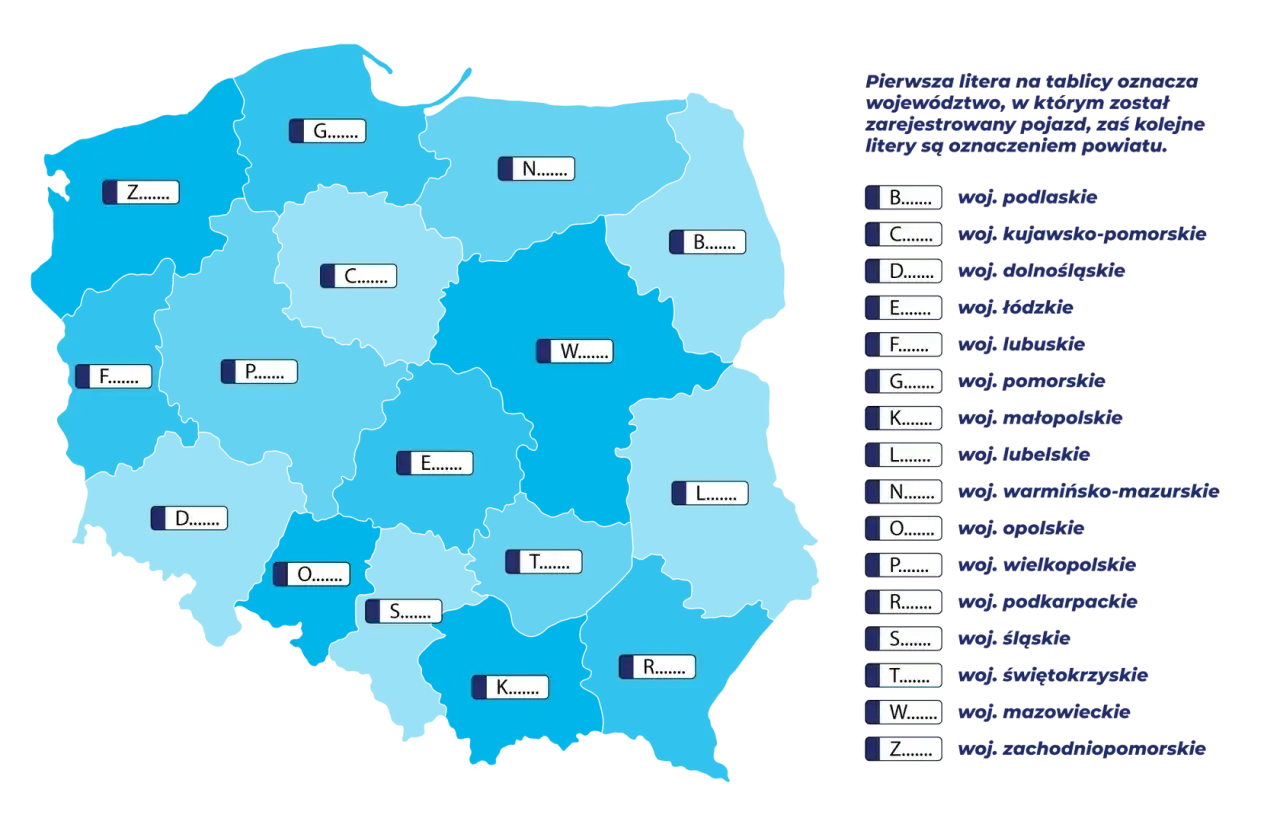 Mapa Polski z literami oznaczającymi województwa i powiaty, klucz do dgl rejestracja.