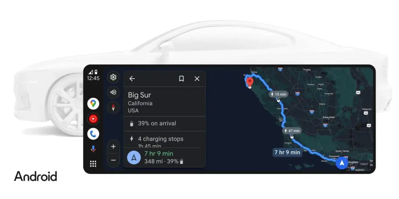 Nawigacja w android auto najnowsza wersja pokazuje trasę do Big Sur, z 4 postojami na ładowanie i 7h 9min podróży.