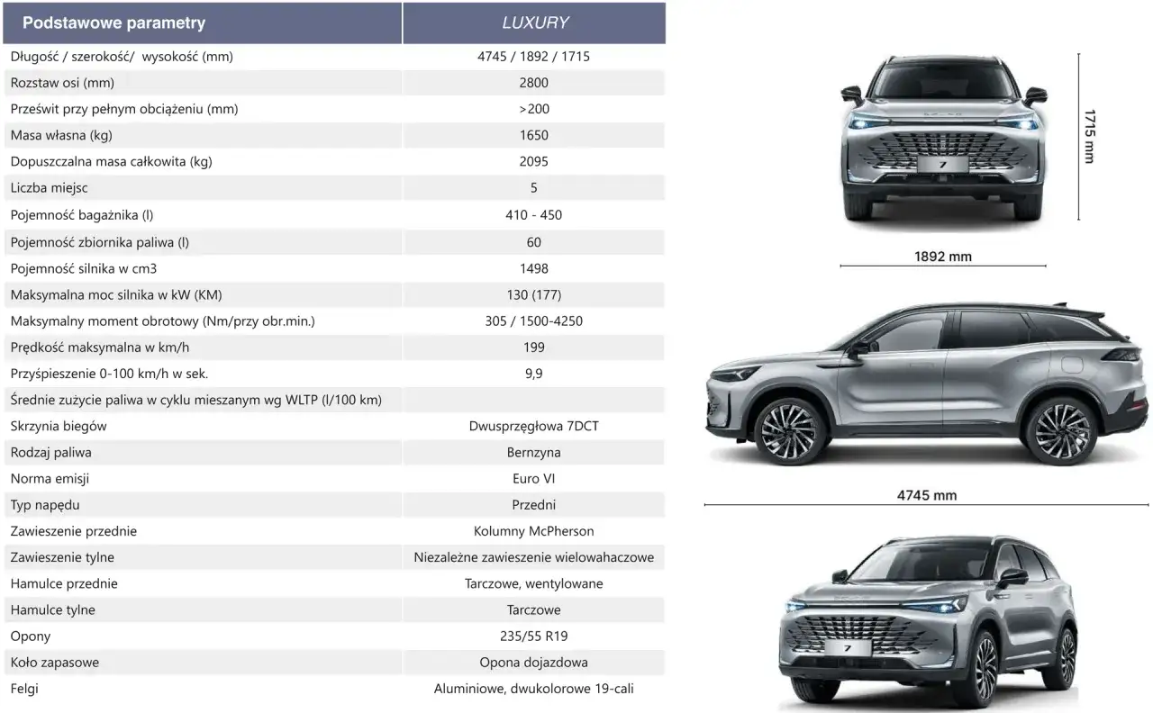 BYD Song Plus DM-i 7 wymiary: 4745 mm długości, 1892 mm szerokości, 1715 mm wysokości. Srebrny SUV z eleganckimi felgami.