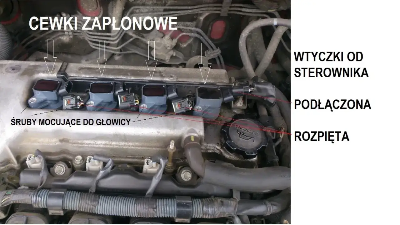 Silnik samochodowy z widocznymi cewkami zapłonowymi, śrubami mocującymi do głowicy, wtyczkami od sterownika, podłączonymi i rozpiętymi elementami.