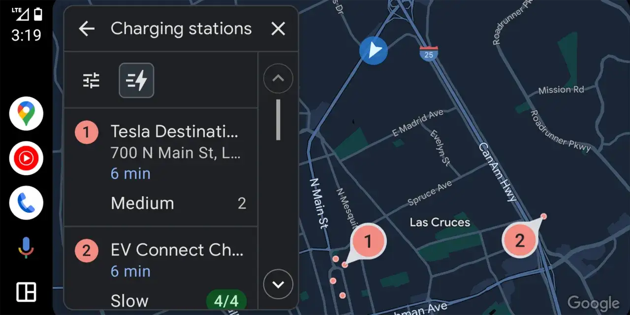 Szukasz stacji ładowania? Najnowsza wersja Android Auto pokazuje listę: Tesla Destination, EV Connect.