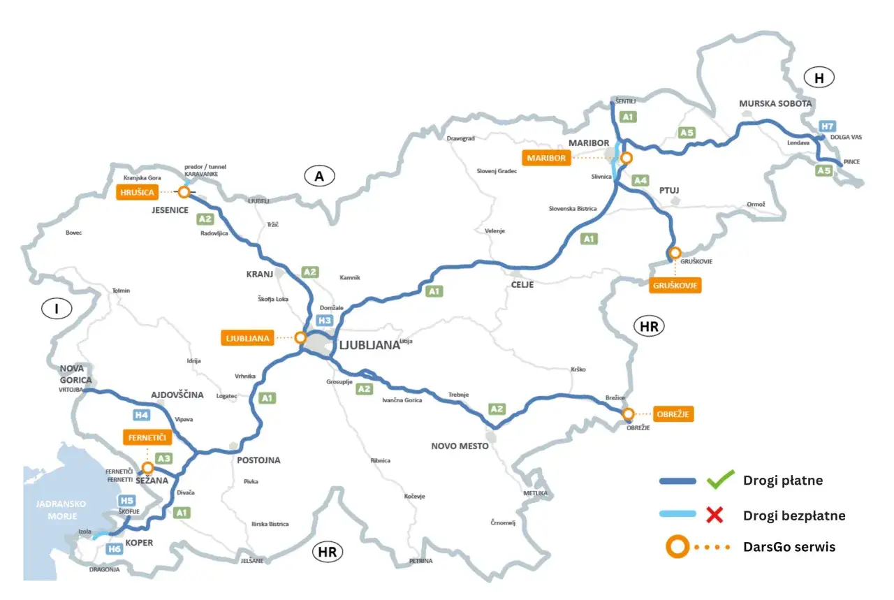 Mapa Słowenii z zaznaczonymi drogami płatnymi i bezpłatnymi. Autostrada A1 i inne drogi z opłatami są kluczowe dla podróżowania.
